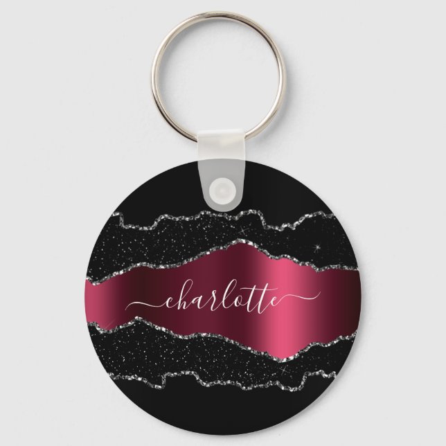 Black burgundy agate marble name script key ring (Front)