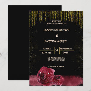 Black Burgundy and Gold Floral Modern Boho Wedding Invitation