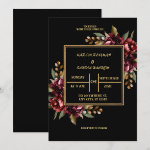 Black Burgundy and Gold Floral Modern Boho Wedding Invitation