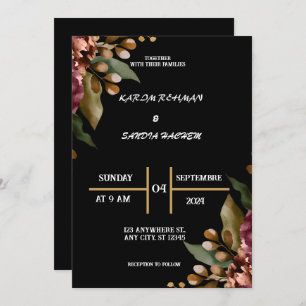 Black Burgundy and Gold Floral Modern Boho Wedding Invitation