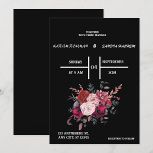Black Burgundy and Gold Floral Modern Boho Wedding Invitation