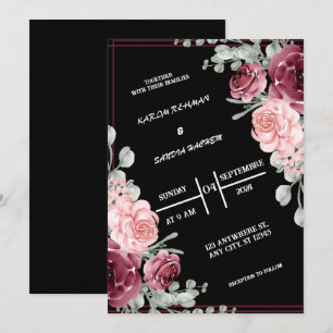 Black Burgundy and Gold Floral Modern Boho Wedding Invitation