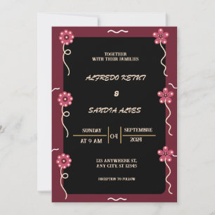 Black Burgundy and Gold Floral Modern Boho Wedding Invitation