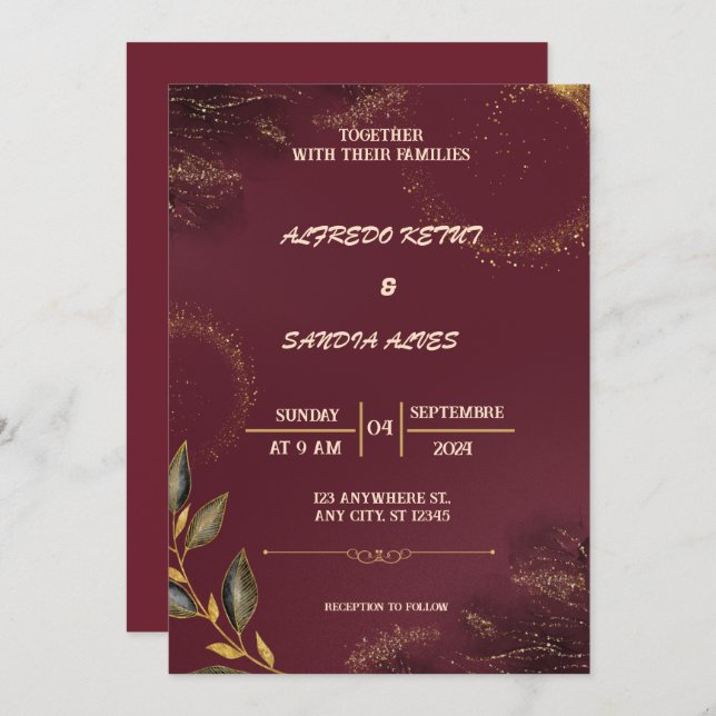Black Burgundy and Gold Floral Modern Boho Wedding Invitation (Front/Back)
