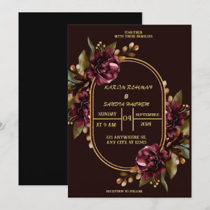 Black Burgundy and Gold Floral Modern Boho Wedding Invitation