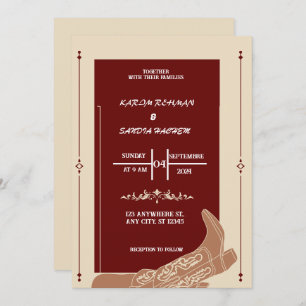 Black Burgundy and Gold Floral Modern Boho Wedding Invitation