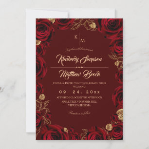 Black Burgundy and Gold Rose Floral Boho Wedding Invitation