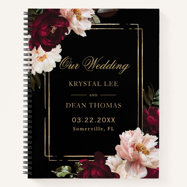 Black Burgundy Blush Floral Wedding Guest Book (Front)