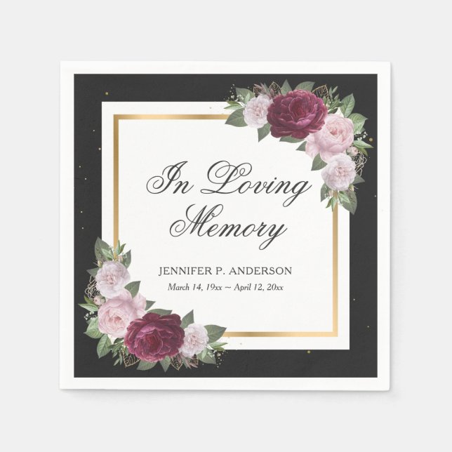 Black Burgundy Blush Gold Floral Funeral Napkins (Front)