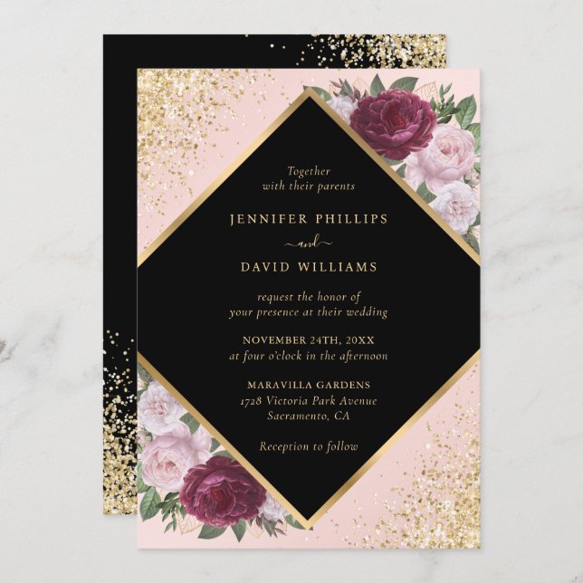 Black Burgundy Blush Gold Geometric Floral Wedding Invitation (Front/Back)
