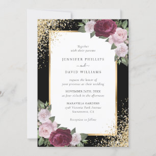 Black Burgundy Blush Pink Gold Floral Wedding Invitation