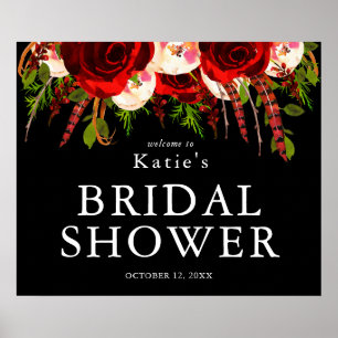 Black Burgundy Floral Boho Bridal Shower Poster