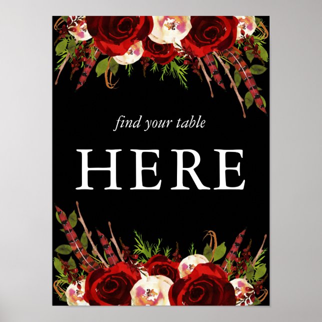 Black Burgundy Floral Boho Find Your Table Here Poster (Front)