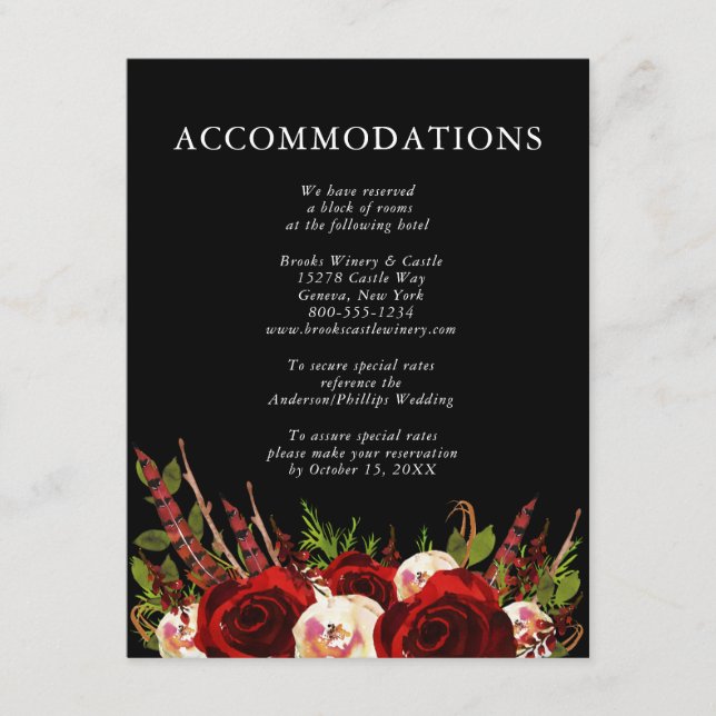 Black Burgundy Floral Boho Wedding Accommodations Enclosure Card (Front)