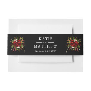 Black Burgundy Floral Boho Wedding Invitation Belly Band