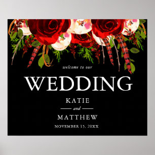 Black Burgundy Floral Boho Welcome to Our Wedding Poster
