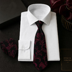 Black Burgundy Floral Damask Seamless Pattern Tie