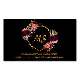Black burgundy florals gold geo monogram elegant Magnetic business card