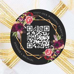Black burgundy florals gold geometric QR wedding Classic Round Sticker