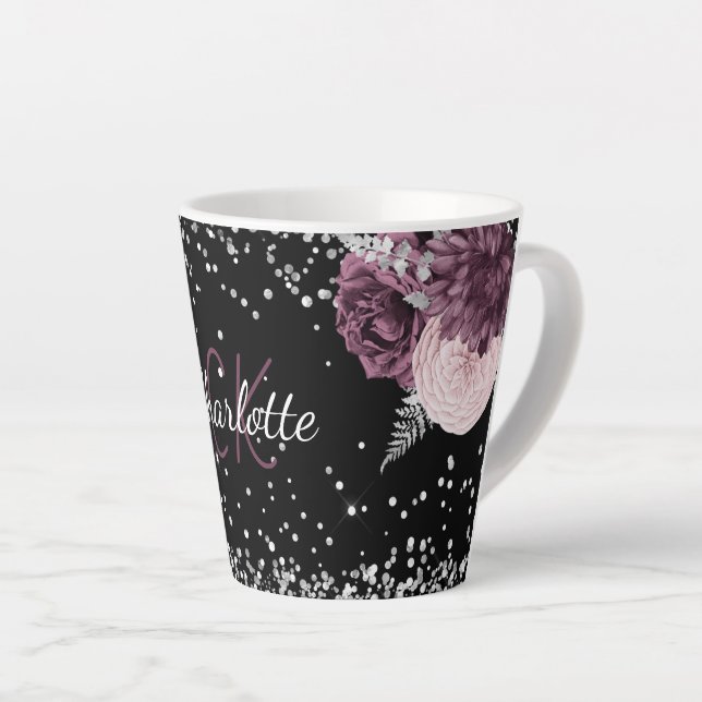 Black burgundy flowers elegant monogram name latte mug (Right Angle)