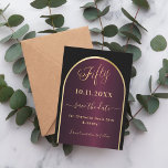 Black burgundy gold arch 50th birthday save the date<br><div class="desc">A Save the Date card for a 50th birthday party.  A black and burgundy background,  decorated with a faux gold arch. Personalise and add a date and your name. The text: Fifty and Save the Date is written with a large trendy hand lettered style script.</div>