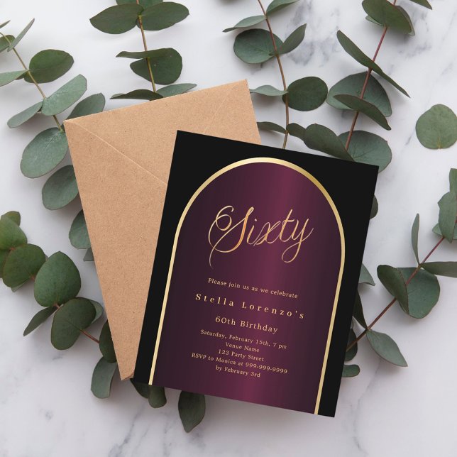 Black burgundy gold arch 60th birthday invitation (Creator Uploaded)