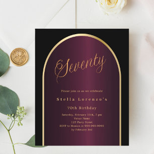 Black burgundy gold arch 70th birthday invitation