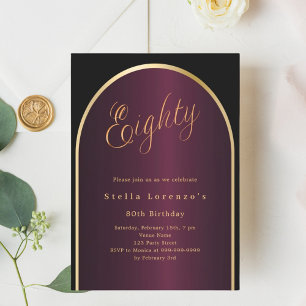 Black burgundy gold arch 80th birthday luxury invitation