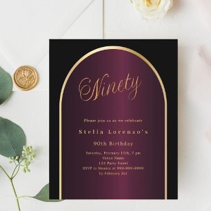 Black burgundy gold arch 90th birthday invitation