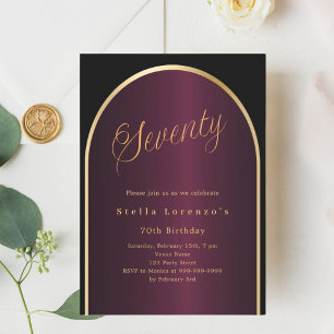 Black burgundy gold arch luxury 70th birthday invitation