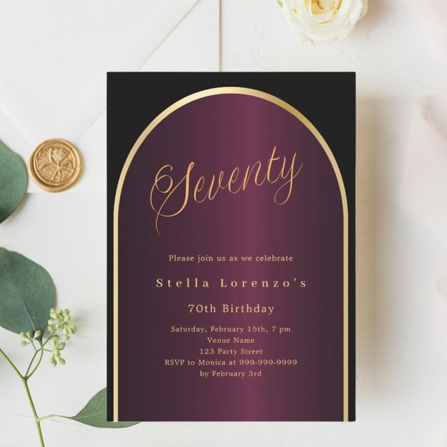 Black burgundy gold arch luxury 70th birthday invitation (Creator Uploaded)