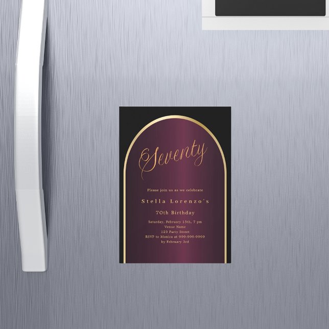 Black burgundy gold arch luxury 70th birthday magnetic invitation (Creator Uploaded)