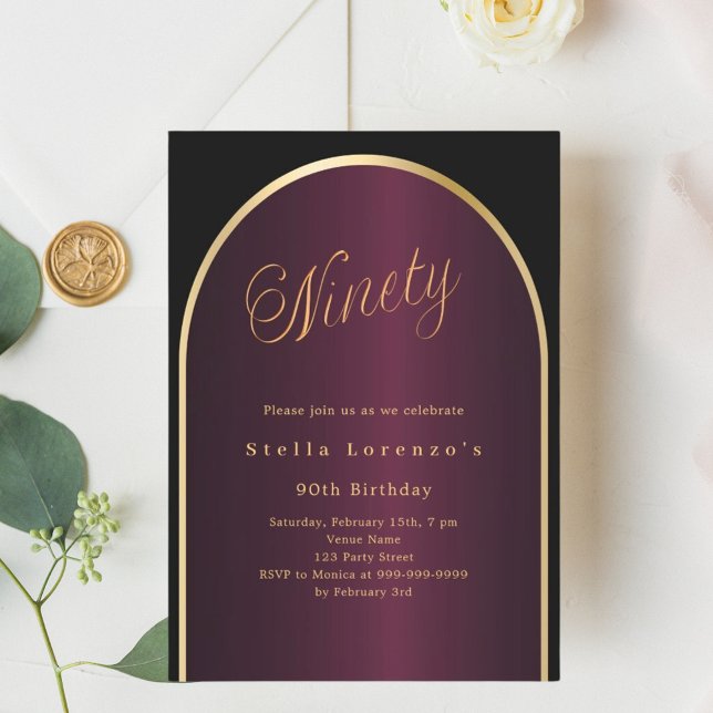 Black burgundy gold arch luxury 90th birthday invitation (Creator Uploaded)