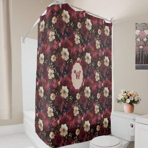 Black Burgundy Gold Cream Vintage Floral Monogram Shower Curtain