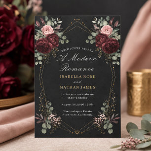 Black Burgundy Gold Floral Wedding Invitation