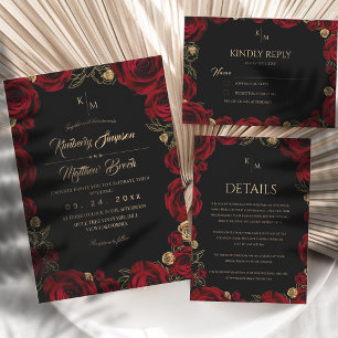 Black Burgundy⎮ Gold Rose Floral Boho Wedding Invitation