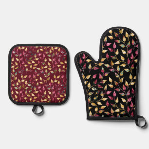 BLACK BURGUNDY & GOLD WATERCOLOR LEAVES OVEN MITT & POT HOLDER SET