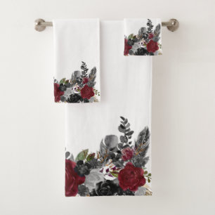 Black Burgundy Goth Flower Rose Bath Halloween   Towel Set