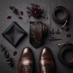 Black Burgundy Gothic Rose Vine Floral Tie