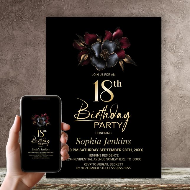Black Burgundy Grey Floral 18th Birthday Party Invitation (Creator Uploaded)
