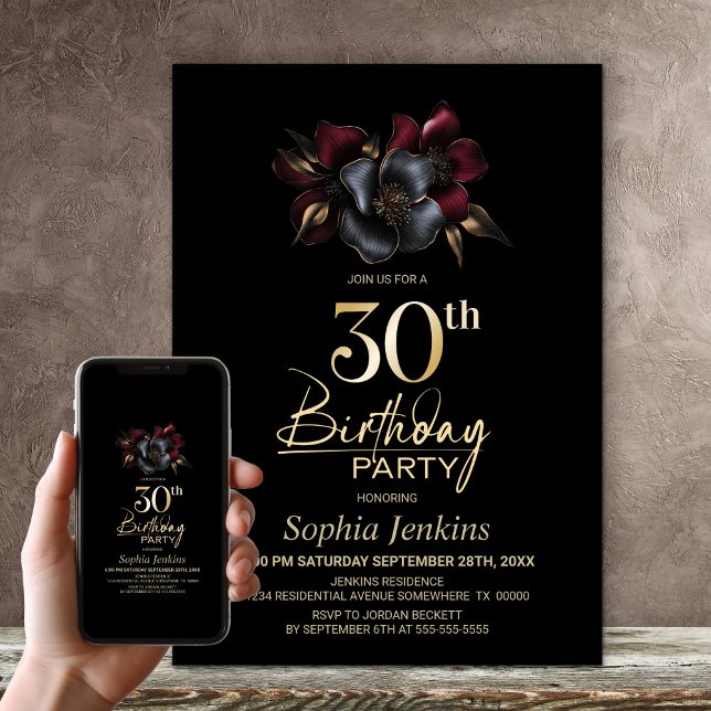 Black Burgundy Grey Floral 30th Birthday Party Invitation (Creator Uploaded)