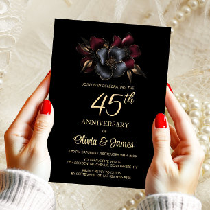 Black Burgundy Grey Floral 45th Anniversary Invitation