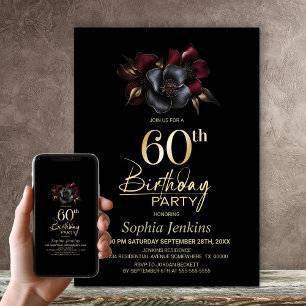 Black Burgundy Grey Floral 60th Birthday Party Invitation