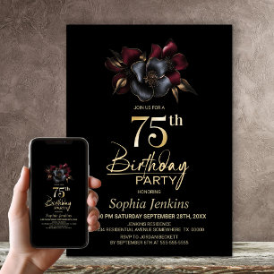 Black Burgundy Grey Floral 75th Birthday Party Invitation