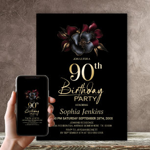 Black Burgundy Grey Floral 90th Birthday Party Invitation