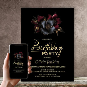Black Burgundy Grey Floral Any Age Birthday Party Invitation
