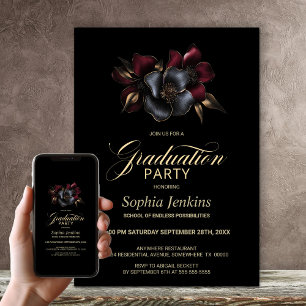 Black Burgundy Grey Floral Graduation Party Invitation