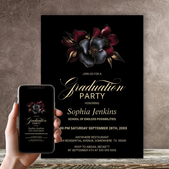 Black Burgundy Grey Floral Graduation Party Invitation (Creator Uploaded)