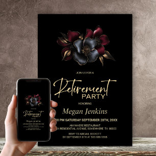 Black Burgundy Grey Floral Retirement Party Invitation