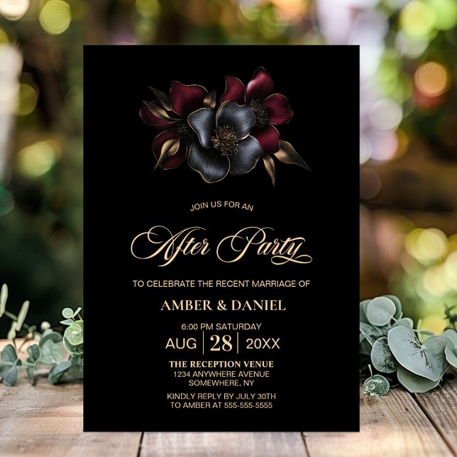 Black Burgundy Grey Floral Wedding After Party Invitation (Creator Uploaded)
